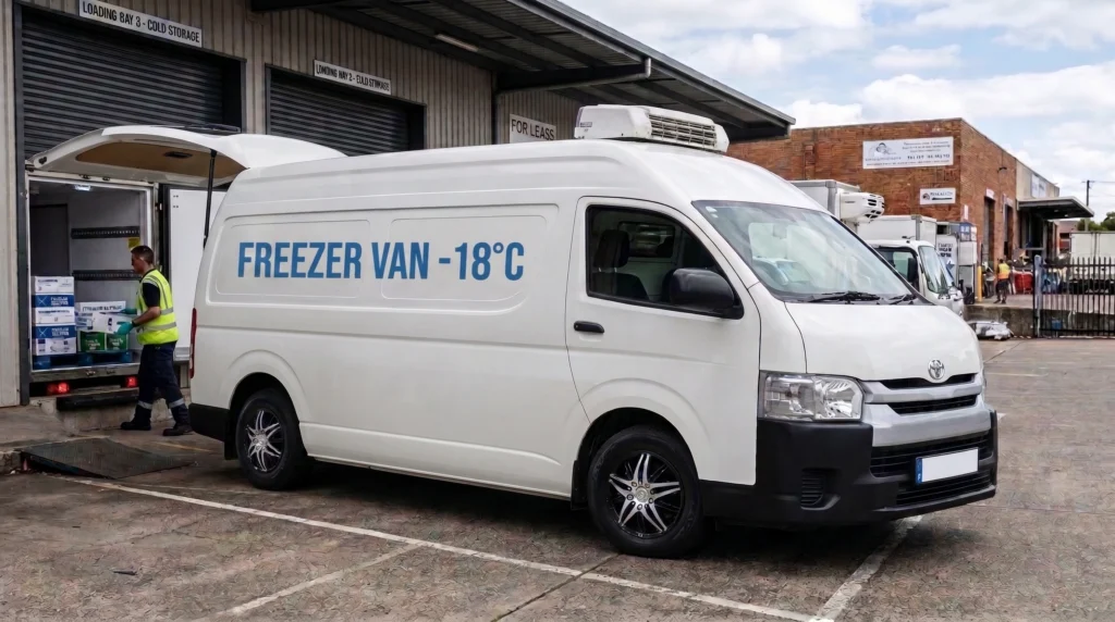 Refrigerated chiller van parked outside a warehouse in Dubai for cold chain delivery