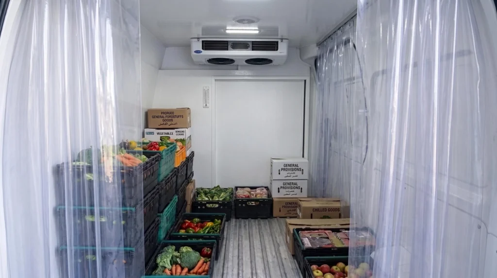 Medical courier carrying a temperature-controlled cold box for blood sample transport in Dubai